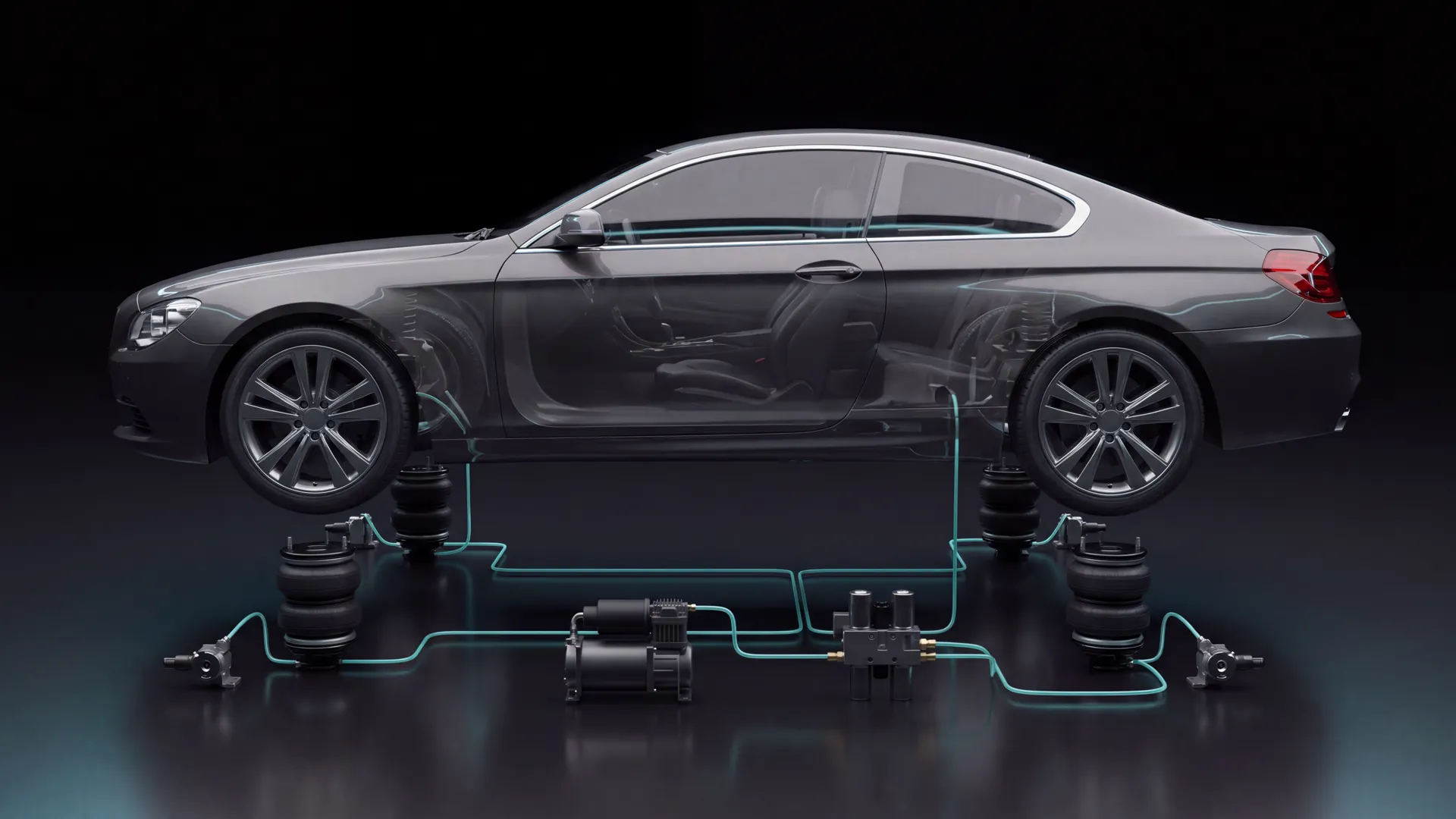 Higgsfield 3D-Visualisierung eines logo- und markenfreien Luxus-Coupés mit Luftfahrwerkssystem